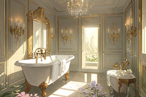(master piece, best quality), bathroom, a bathtub, luxury, flowers, in the modern house, no people, only background, midjourney, detail background, landscape, sunlight, cute, morden
