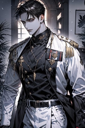 (cowboy_shot:1.1), 1boy, solo, adult, (mature:0.95), tall, handsome man, black hair, sharp eyes, midjourney, knights, white uniform, white pants, in the room, fantasy