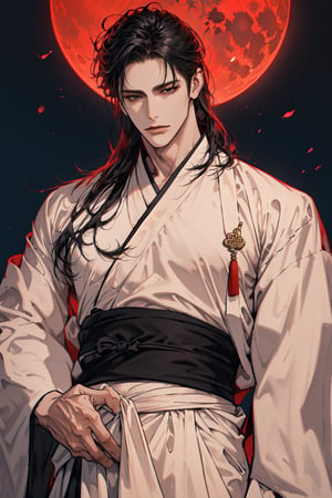 (cowboy_shot:1.1), 1boy, solo, adult, (mature:0.95), tall, handsome man, black hair, long hair, sharp eyes, (clam:0.95),  midjourney, (black hanfu: 1.3), pants, jewelry, red moon, ruins, ancient china, simple background, sunlight, 1guy,male,1girl,niji 6,Realistic