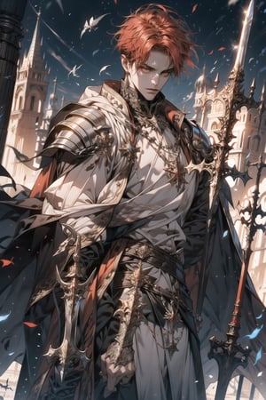 (perfect eyes, looking at camera, red eyes), (cowboy_shot:1.1), 1 guy, solo, adult, (mature:0.95), tall, handsome man, red hair, sharp eyes, midjourney, knight, silver armor, crimson cape, regal sword, stormy battlefield, medieval warfare,1boy,niji