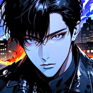 (close-up, portrait:1.2), 1boy, solo, adult, (mature:0.95), tall, handsome man, black hair, sharp eyes, (expressionless:0.95), midjourney, leather jacket, black pants, black fire, in the city, seoul, buildings, contemporary fantasy, 1guy,male,1girl