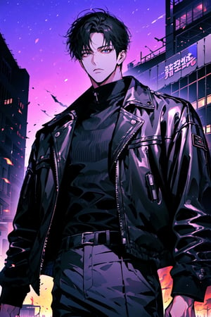 (cowboy_shot:1.1), 1boy, solo, adult, (mature:0.95), tall, handsome man, black hair, sharp eyes, (expressionless:0.95), midjourney, leather jacket, black pants, black fire, in the city, seoul, buildings, contemporary fantasy, 1guy,male,1girl