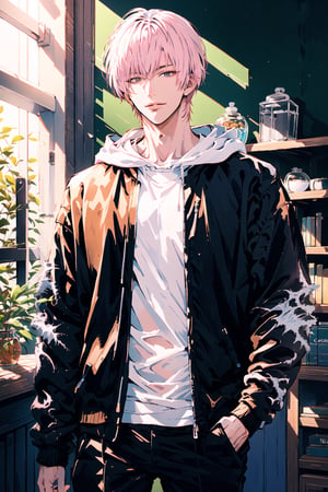 (cowboy_shot:1.1), 1boy, solo, adult, (mature:0.95), tall, handsome man, pink hair, sharp eyes, (smile:0.95), midjourney, hoodie, black pants, in the room, sunlight, 1guy,male,1girl