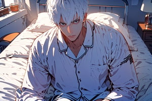 1boy, solo, adult, (mature:0.95), tall, handsome man, white hair, sharp eyes, (sad:0.95), midjourney, patient pajama, white pajama, striped pajama, trousers, bandage, pure, cute, in the hospital, on bed, fantasy, sunlight, 1guy,male,1girl
