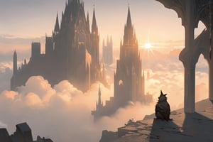 (master piece, best quality), morning, foggy sunrise, cityscape, eye level perspective, no people, only background, warm atmosphere, midjourney, detail background, medieval fantasy