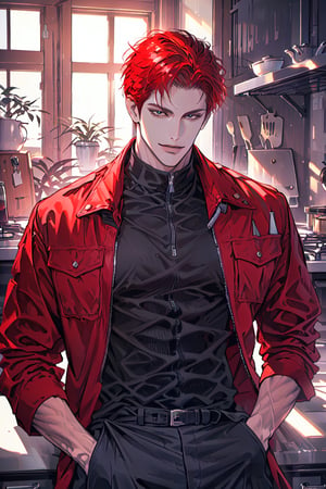 (cowboy_shot:1.1), 1boy, solo, adult, (mature:0.95), tall, handsome man, red hair, sharp eyes, (smile:0.95), midjourney, red jacket, black pants, in the room, kitchen, modern,1boy