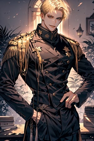 (cowboy_shot:1.1), 1boy, solo, adult, (mature:0.95), tall, handsome man, blond hair, sharp eyes, (smile:0.95), midjourney, knights, black uniform, black pants, in the room, fantasy,1guy,male