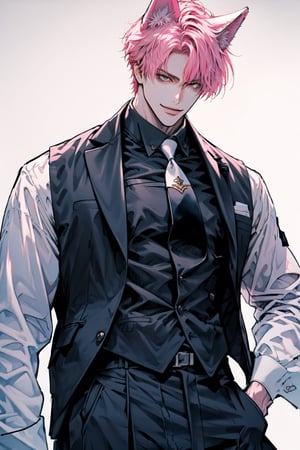 (cowboy_shot:1.2), 1boy, solo, adult, (mature:0.95), tall, handsome man, pink hair, sharp eyes, (smile:0.95), midjourney, (necomimi:1.1), suit vest, (tie), pants, sexy, in the room, fantasy, sunlight, (white background), 1guy,male