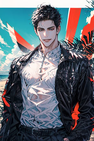(cowboy_shot:1.1), 1boy, solo, adult, (mature:0.95), tall, handsome man, black hair, sharp eyes, (smile:0.95), midjourney, jacket, pants, in the beach