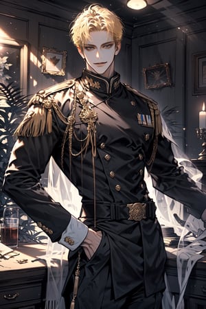 (cowboy_shot:1.1), 1boy, solo, adult, (mature:0.95), tall, handsome man, blond hair, sharp eyes, (smile:0.95), midjourney, knights, black uniform, black pants, in the room, fantasy,1guy,male