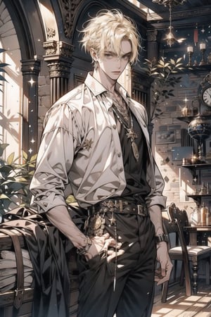 (cowboy_shot:1.1), 1 guy, solo, adult, (mature:0.95), tall, handsome man, blonde hair, (mullet hair), black eyes, sharp eyes, midjourney, mercenary man, white shirt, brown pants, leather armor, dangerous white sun, in the room, stone wall, medieval fantasy