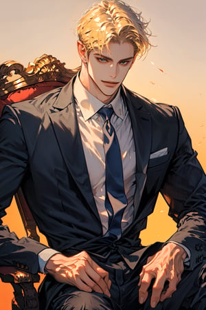 (cowboy_shot:1.1), 1boy, solo, adult, (mature:0.95), tall, handsome man, blonde hair, (full bangs:1.4), sharp eyes, (smile:0.95),  midjourney, sitting, suit, tie, pants, simple color background, fantasy, sunlight, 1guy,male,1girl,niji 6,Realistic