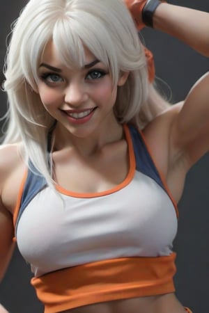 Highly detailed, 4K, Masterpiece, dragonball, femalecharacter, woman,realistic, white hair, long hair with bangs, smirking, cool,sexy woman, muscled woman, fit, work out outfit, orange shorts and torn white shirt, realistic face, pretty lips, beautiful body, photo-realistic techniques --ar 2:3 --stylize 400,LegendDarkFantasy