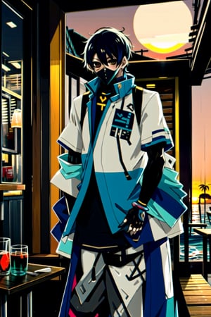 Un jeune homme sexy au bord de la mer sous un coucher de soleil, AOMINE DAIKI,A couple in a restaurant ,biopunk style,urban techwear