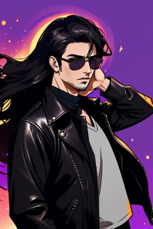 Demon man, handsome , glasses ,stubble  , muscle, photorealistic, wearing a black leather jacket, sunglasses, long black hair, harming mood, eerie background, halloween vibes