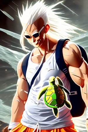 Highly detailed, 4K, Masterpiece, dragonball character, character, realistic, master roshi, wearing a turtle shell backpack,white hair, smirking, cool,sexy mam, muscled man, fit, work out outfit, orange shorts and torn white shirt, photo-realistic techniques --ar 2:3 --stylize 400,LegendDarkFantasy