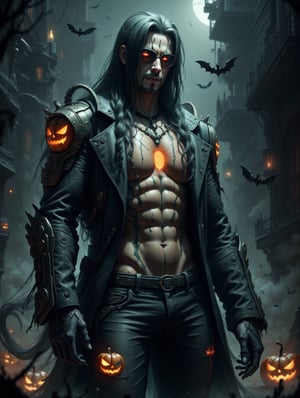 fullbody, handsome male goth with pale skin, long straight black hair, dressed in black ripped jeans with a jack o lantern armor top, sunglasses, tattooed, tattooed body, face piercings