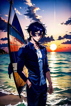dessine un jeune homme au bord de la mer sous un coucher de soleil, AOMINE DAIKI, 