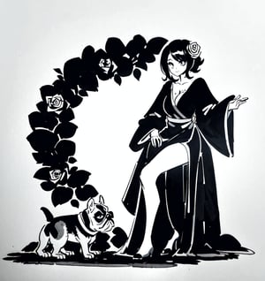 Une jeune femme sexy assise avec un petit chien french bulldog, cheveux long rose pale, habiller en robe noire ,b3rli,SAM YANG,1 girl,inksketch