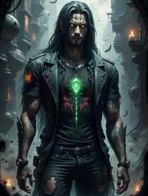 fullbody, handsome male goth with pale skin, long straight black hair, dressed in black ripped jeans with torn t-shirt with a metal band logo on it, tattooed body, face piercings