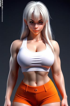 Highly detailed, 4K, Masterpiece, dragonball, femalecharacter, woman,realistic, white hair, long hair with bangs, smirking, cool,sexy woman, muscled woman, fit, work out outfit, orange shorts and torn white shirt, realistic face, pretty lips, beautiful body, photo-realistic techniques --ar 2:3 --stylize 400,LegendDarkFantasy