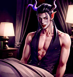 Un jeune homme vampire sexy avec cheveux noir avec des cornes dans une chambre noir,  AOMINE DAIKI,  b3rli,tiefling,b3rli