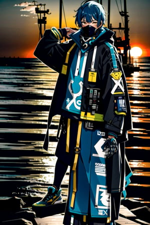Un jeune homme sexy au bord de la mer sous un coucher de soleil, AOMINE DAIKI ,biopunk style,urban techwear
