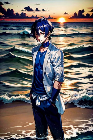 Un jeune homme au bord de la mer sous un coucher de soleil, AOMINE DAIKI