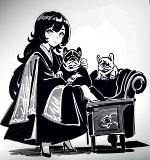 Une jeune femme sexy assise avec un petit chien french bulldog, cheveux long rose pale, habiller en robe noire ,b3rli,SAM YANG,1 girl,inksketch