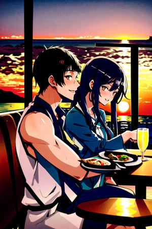 Un jeune homme sexy au bord de la mer sous un coucher de soleil, AOMINE DAIKI,A couple in a restaurant ,biopunk style