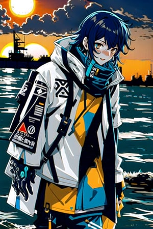 Un jeune homme sexy au bord de la mer sous un coucher de soleil, AOMINE DAIKI ,biopunk style,urban techwear