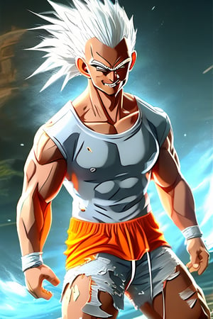 Highly detailed, 4K, Masterpiece, dragonball character, character, realistic, master roshi, wearing a turtle shell, white hair, smirking, cool,sexy mam, muscled man, fit, work out outfit, orange shorts and torn white shirt, photo-realistic techniques --ar 2:3 --stylize 400,LegendDarkFantasy