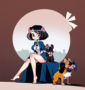 Une jeune femme sexy assise avec un petit chien french bulldog, cheveux long rose pale, habiller en robe noire ,b3rli,SAM YANG,1 girl, style,SMMars