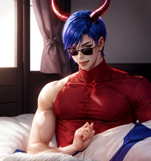 Un jeune homme demon sexy avec cheveux bleu avec des cornes dans une chambre noir,  AOMINE DAIKI , b3rli,b3rli