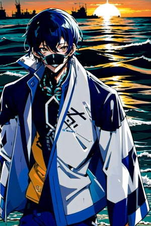 Un jeune homme sexy au bord de la mer sous un coucher de soleil, AOMINE DAIKI ,biopunk style