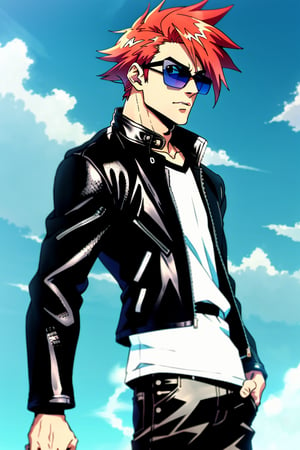 Cool guy  wearing leather jacket, anime style, anime hair, wearing shades 