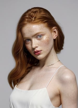 Full body image of sks woman, epic, hard light, matte skin, pores, colors, hyperdetailed, dark ginger hair, hyperrealistic), full body picture in white sundress, bold blue eyes, glistening skin, detailed pose, shorter body size, slim, detailed accurate face, legs, midriff, sitting on bed. Red lips