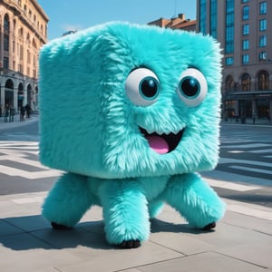 Happy fluffy cyan cube with eyes and tiny long hands. in a city promoting tensor art