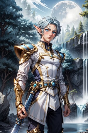 ((short elf ear)), ( blue eyes, light blue hair), (paladin, long sleeve, white butler, butler armor, silver ring), enchanted forest, sunshine, waterfall, moon behind head, hanabusa_aidou, (athletic body), blush, bismuth4rmor, white shirt, gold trim ((male)), fire sword, gold armor