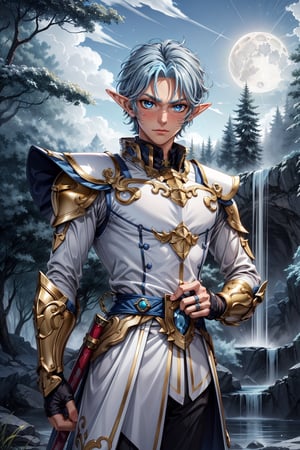 ((short elf ear)), ( blue eyes, light blue hair), (paladin armor, long sleeve, white butler, silver ring), enchanted forest, sunshine, waterfall, moon behind head, hanabusa_aidou, (athletic body), blush, bismuth4rmor, white shirt, gold trim ((male)),Silk4rmor, fire sword,