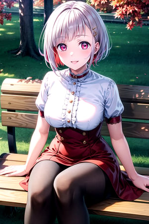 (lady, 18 years old, medium breast, wide hips, parted lips, blush, light smile, closed mouth, full blush face), (1 girl), yugiri tsuzuri, pink eyes, white hair, multicolored hair, short hair, hairpins, (asymmetrical bang:1, asymmetrical hair:1,), shiny skin, lustrous body, brillant body, brillant eyes, beauty eyes, large hips, perfect skin,pale skin, large dress, red dress, (sexy dress), printed pattern dress, frills:1, short sleeves, pantyhose, (feet out of frame), giant cake, outdoors, sitting on bench, bench, falling leafs, autum falling:1.4, autum trees, park, autum:1.4, (thanksgiving theme:1), high quality, hd, realism, looking at viewer, beautiful eyes, 3d face, lustrous skin, masterpiece:1.4, highres, illustration,