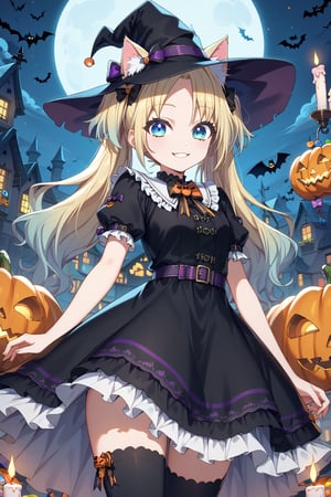 score_9, score_8_up, score_7_up, 1girl, rurisawa, blue eyes, pelirubia, pelirubya,blonde hair, parte bangs, long hair, smile, parted lips, closed mouth, black dress, puffy sleeves, short sleeves, neckbow, pointy hat, witch hat, cat eared hat, eared hat, cat witch hat,  vroom, cute witch girl, black_thighhighs ,halloween theme, sleveless, frilled skirt, multilayered skirt, floating, halloween ambiance, kawaii halloween party, kawaii ghosts, candles, candies, dutch angle,