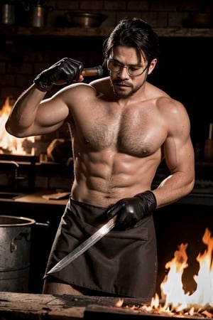  gloves, naked apron, goggles, holding hammer, fire, anvil, photo of a man forging a sword, realistic, masterpiece, intricate details, detailed background, depth of field,