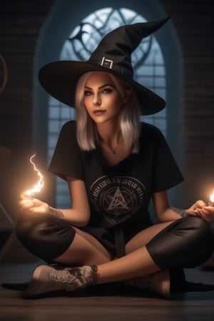 A fine illustration of a (modern witch), 1girl, casual outfit, punk t-shirt, cute, torn legwear, witch hat, kneeling in summoning circle, view from below, solo focus, volumetric lighting