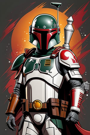 star wars boba fett by chris phu 1, in the style of graffiti-influenced style, cartoonish humor, silver, ragecore, caninecore, celestialpunk, dark white and red 