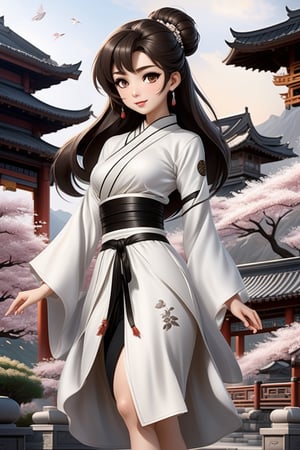 anime girl in full white outfit holding Japanese tshirt and wearing black skirt, in the style of traditional chinese painting, romantic fantasy, oil paintings, dark bronze and gray, cherry blossoms, serene faces, photo-realistic techniques 