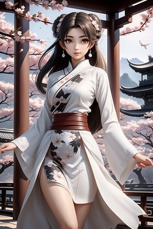 anime girl in full white outfit holding Japanese tshirt and wearing black skirt, in the style of traditional chinese painting, romantic fantasy, oil paintings, dark bronze and gray, cherry blossoms, serene faces, photo-realistic techniques 
