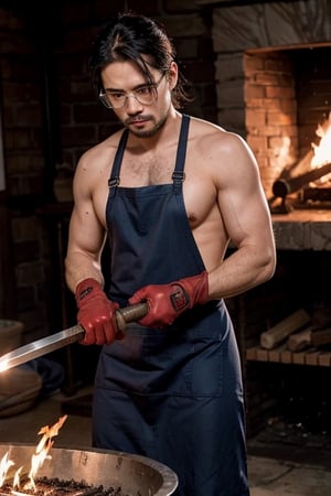  gloves, naked apron, goggles, holding hammer, fire, anvil, photo of a man forging a sword, realistic, masterpiece, intricate details, detailed background, depth of field,