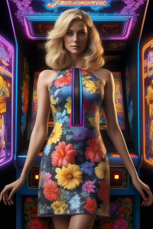 (masterpiece,best quality, ultra realistic, RAW photo), retro arcade style beautiful blonde lady in a 3D flower dress, hyperrealistic, ultra detailed, octane render, symmetric, 3d, majestic, dark fantasy, intricate . 8-bit, pixelated, vibrant, classic video game, old school gaming, reminiscent of 80s and 90s arcade games, look at viewer,
