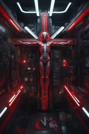 (masterpiece,best quality, ultra realistic,32k,RAW photo,detailed skin, 8k uhd, high quality:1.2), hyperrealistic art space station interior white cross cross inflateble shapes wires tubes veins jellyfish, white biomechanical details a statue jesus on cross made of red marble hands nailed to a cross perfect symmetrical full shot, wearing epic bionic cyborg implants masterpiece, intricate biopunk vogue highly detailed, artstation concept art cyberpunk octane render . extremely high-resolution details, photographic, realism pushed to extreme, fine texture, incredibly lifelike, \Sae (Persona 5)\, 🥱